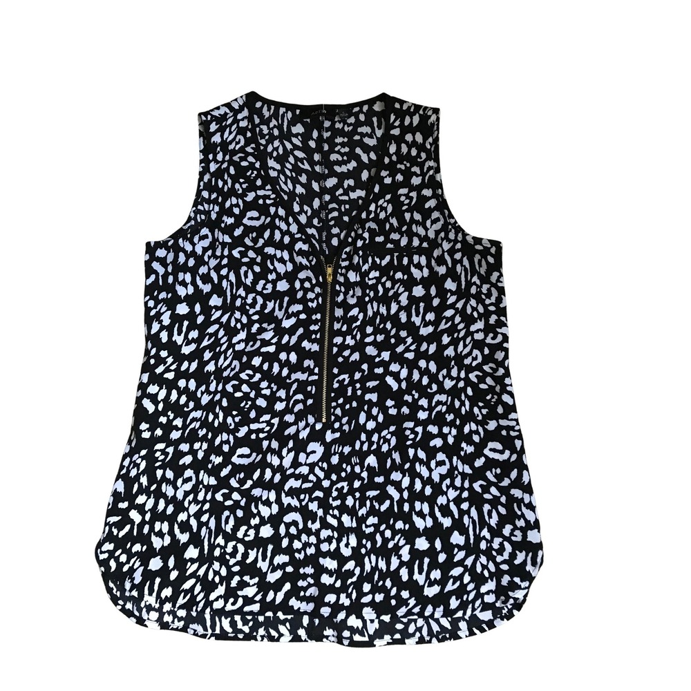 Apt 9 Womens Small Black White Animal Print Sleeveless Half Zip Blouse Top